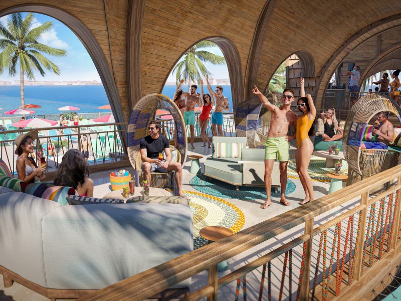 Feestelijk tweede dek van de Floating Flamingo met bar en zwembadzicht