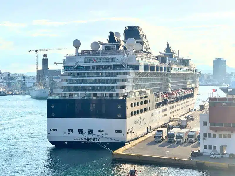 Een cruiseschip vastgelegd met meerdere meertrossen in een haven
