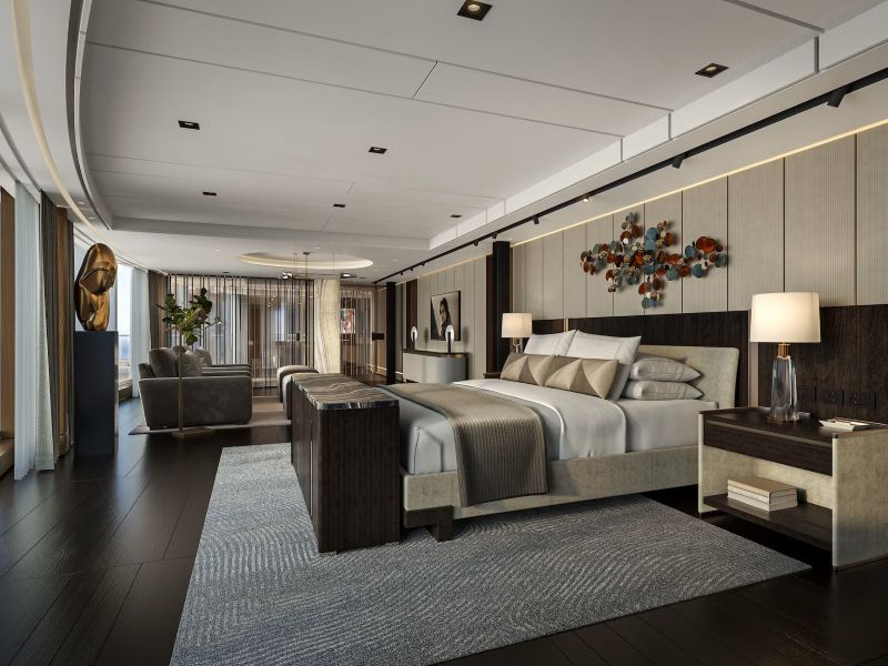 Hoofdslaapkamer in de Skyview Regent Suite met luxe bed en stijlvolle details
