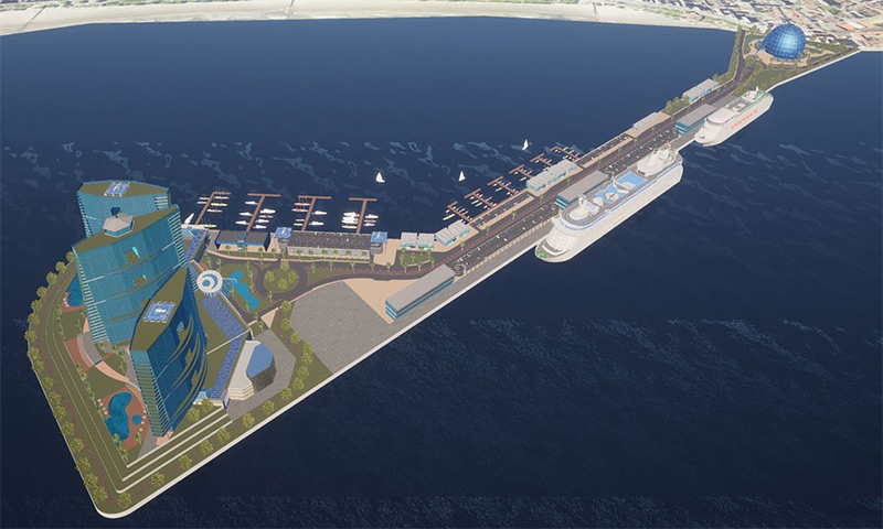 Artist impression van het toekomstige Santos Vivo-complex met cruiseterminal en eilandverbinding