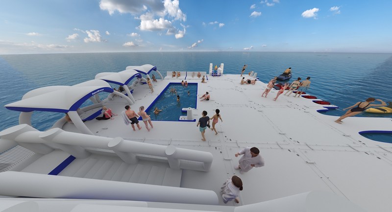 Zijaanzicht van Villa Vie Odyssey met drijvend platform van AquaBanas