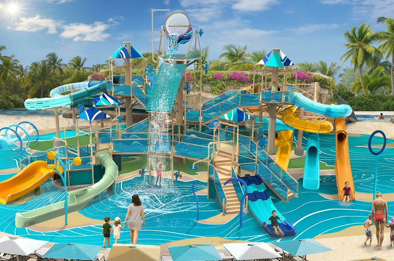 Kinder-speelgedeelte in het waterpark van Great Stirrup Cay met kleurrijke fonteinen en waterglijbanen.