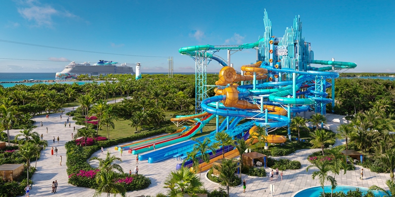 Ontwerp van de Tidal Tower op Great Stirrup Cay, met glijbanen die uitkijken over zee.