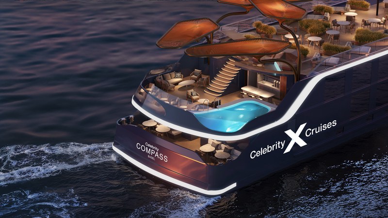 Achteraanzicht van het riviercruiseschip van Celebrity Cruises