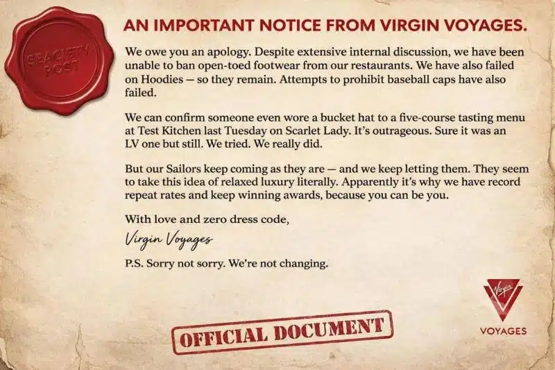 Voorbeeld van kledingrichtlijnen bij Virgin Voyages