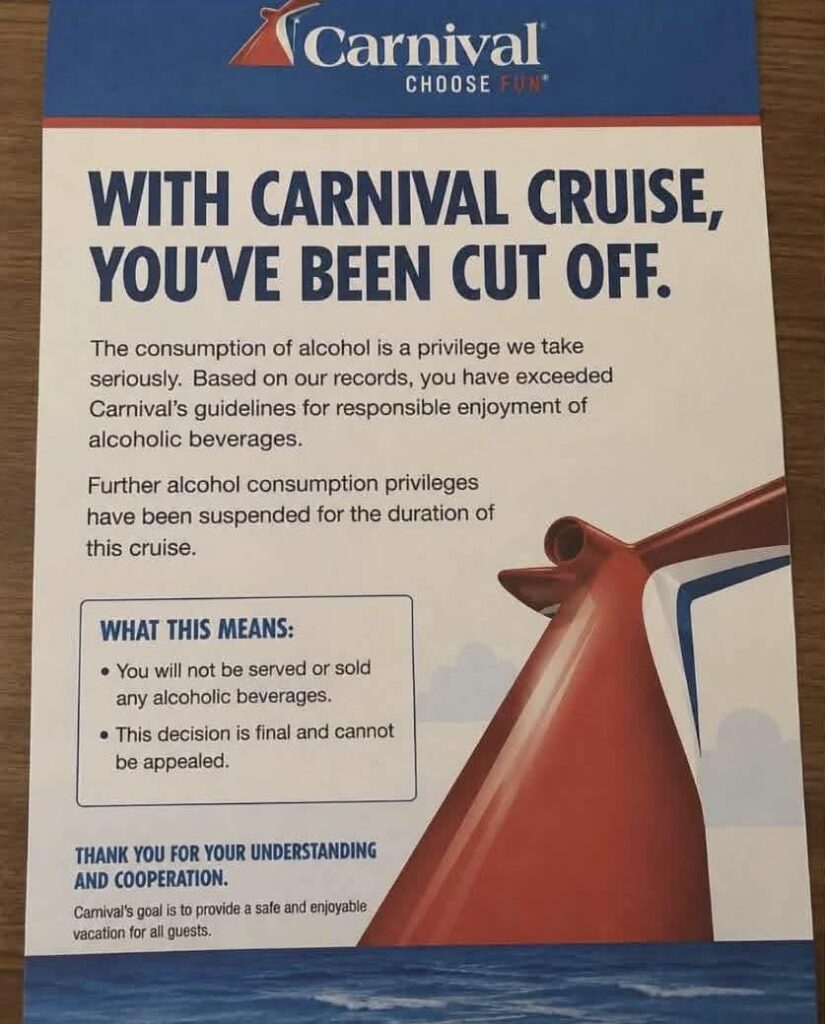 Viral kaart over alcoholverbod op Carnival cruise