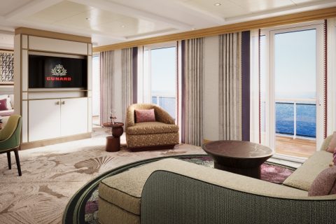 Uitzicht vanuit de woonkamer van een Queens Grill-suite op de QM2