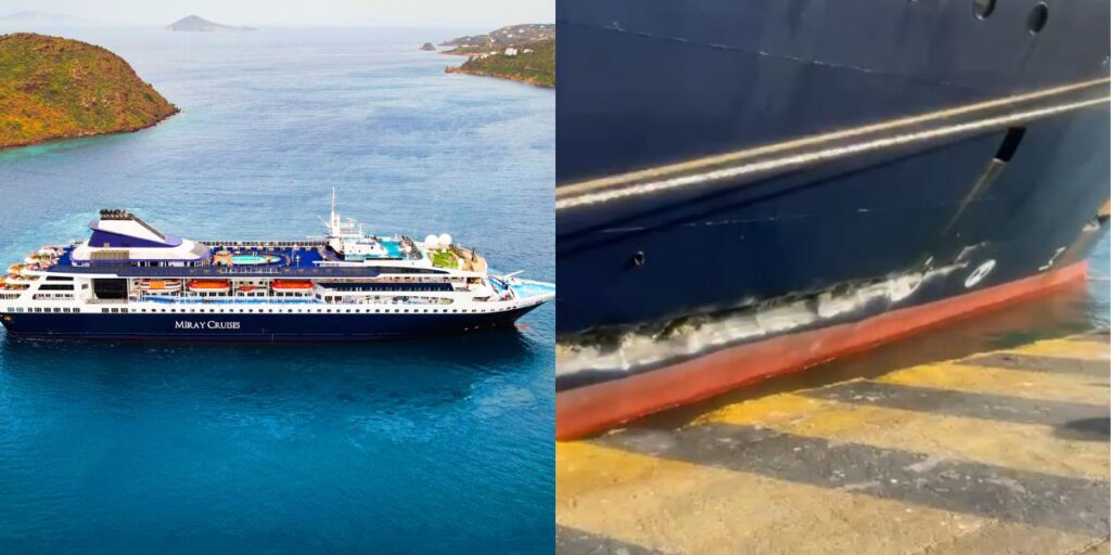 Cruiseschip MV Gemini raakt pier in Piraeus